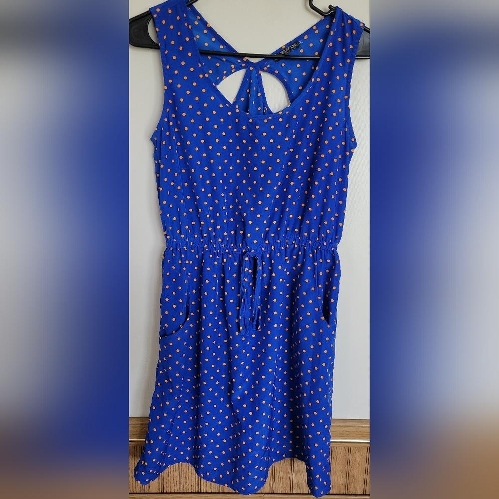 BeBop Womens Blue & Orange Polka Dot A Line Tie Waist Dress Size Medium